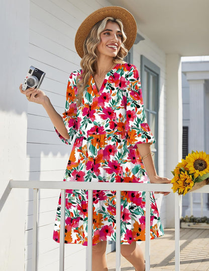 Élodie Robe Femme à Col V – Robe Midi Évasée à Volants avec Poches