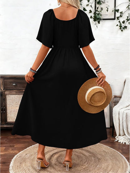 Patricia Robe Femme Maxi – Col Carré, Coupe A-Line Fluide, Manches Chauve-Souris Été