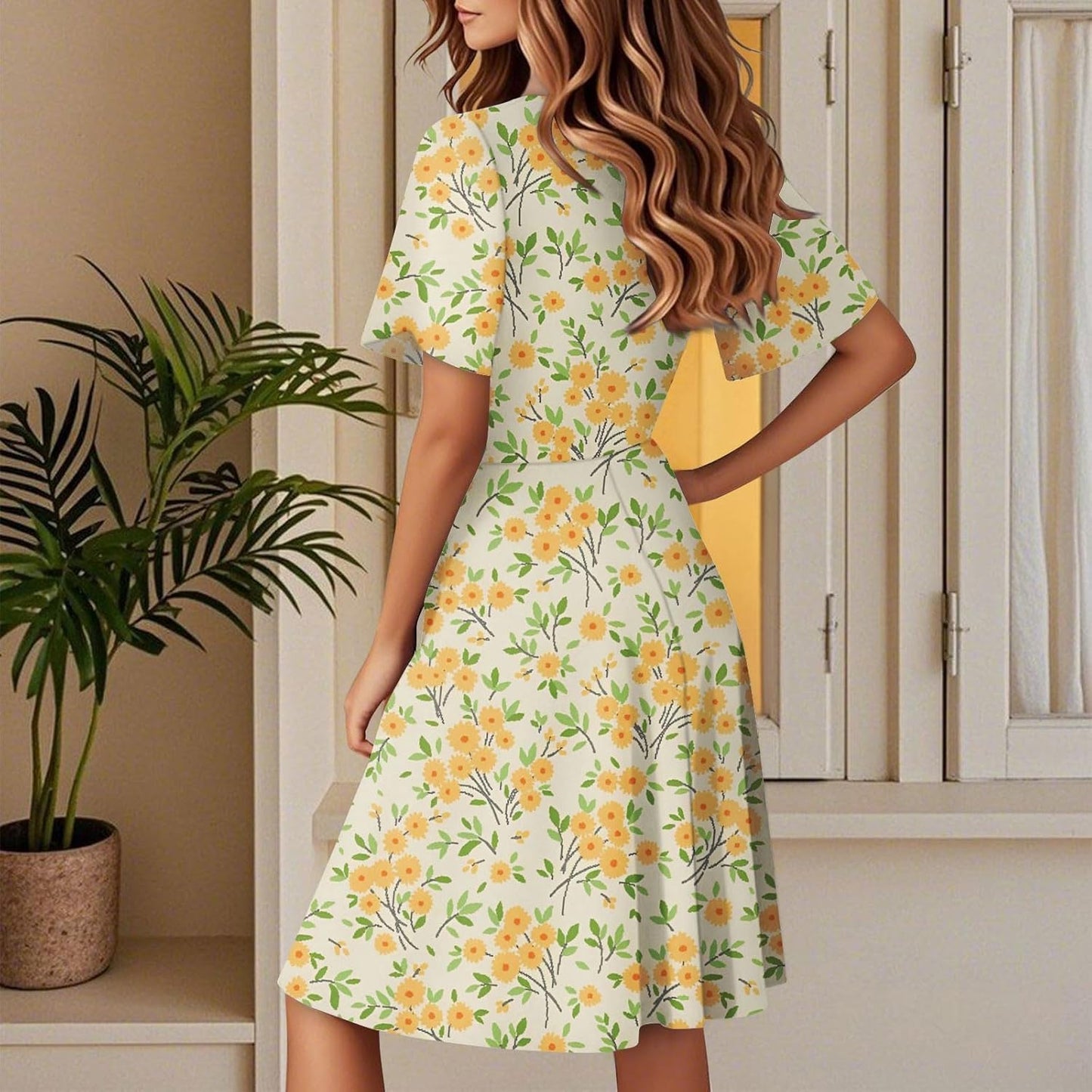 Robe Midi Femme en tissu léger, col V, coupe fluide – Menvelo