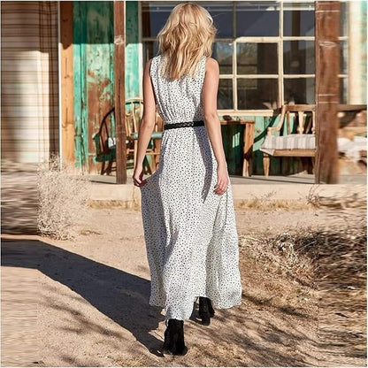 Robe Maxi Bohème Femme à Pois – Col V Sans Manches