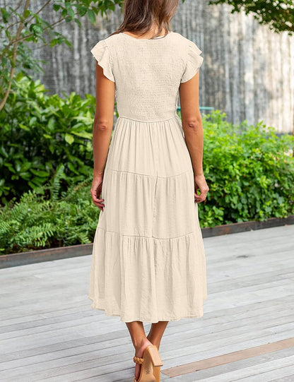 Robe Midi Femme en stretch, col V, coupe fluide – Menvelo