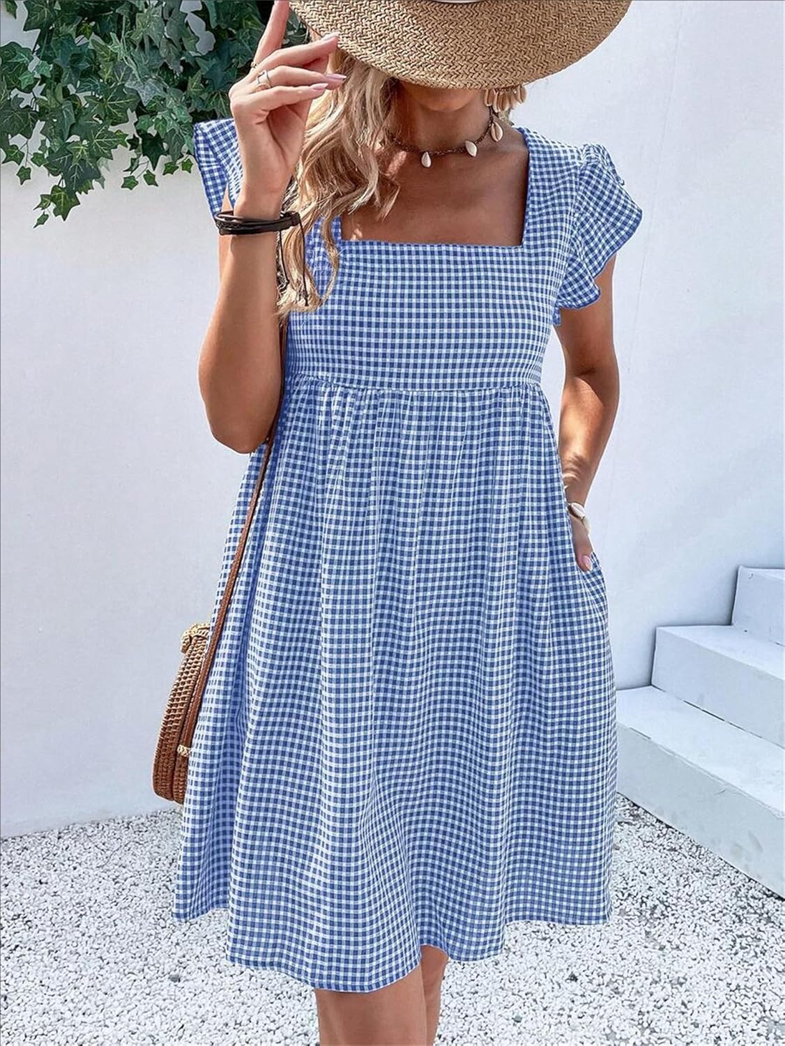 Lily Robe Femme – Robe Midi Carreaux Col Carré Smockée Volants A-Line Été