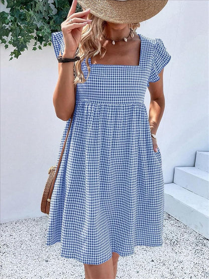 Lily Robe Femme – Robe Midi Carreaux Col Carré Smockée Volants A-Line Été