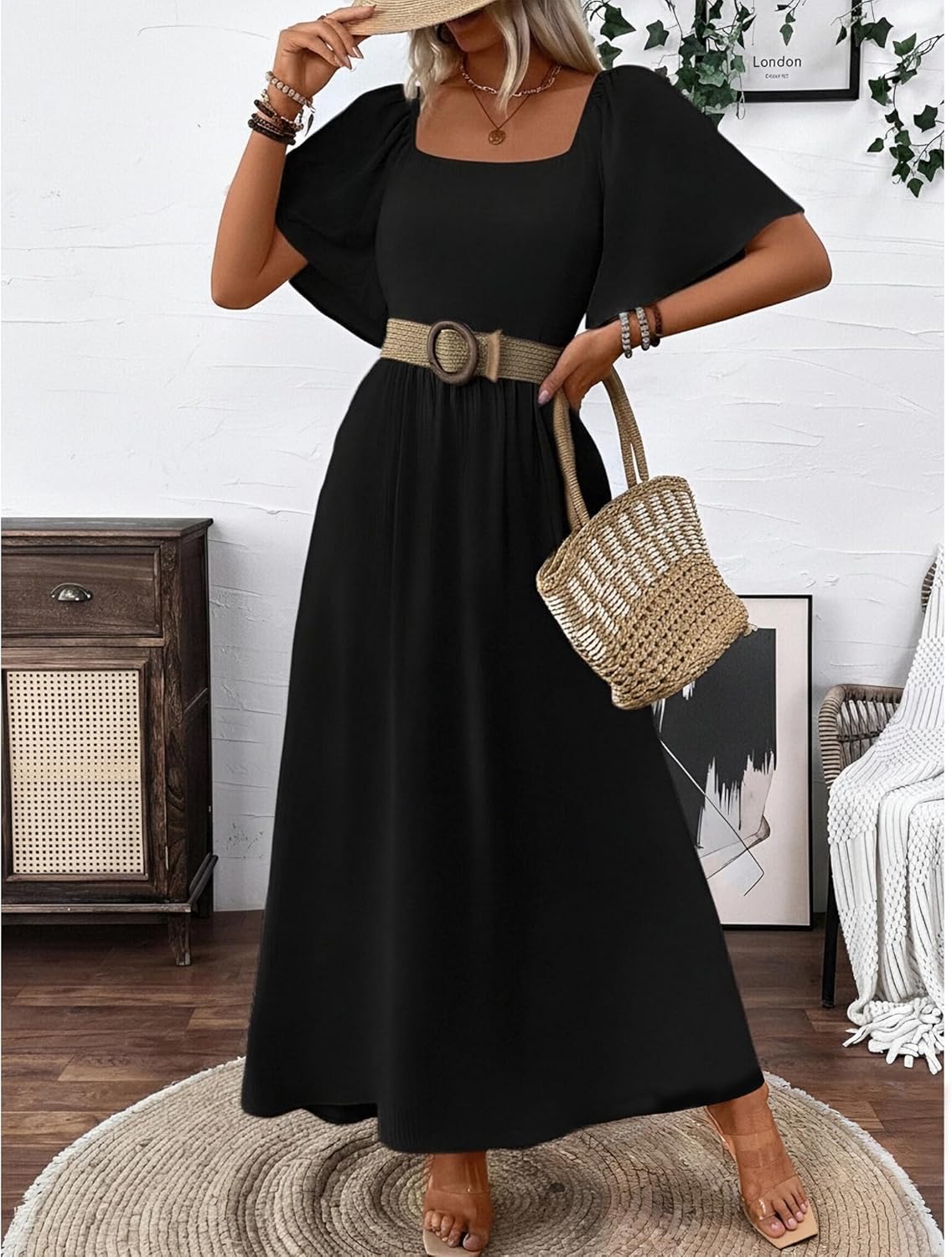 Patricia Robe Femme Maxi – Col Carré, Coupe A-Line Fluide, Manches Chauve-Souris Été