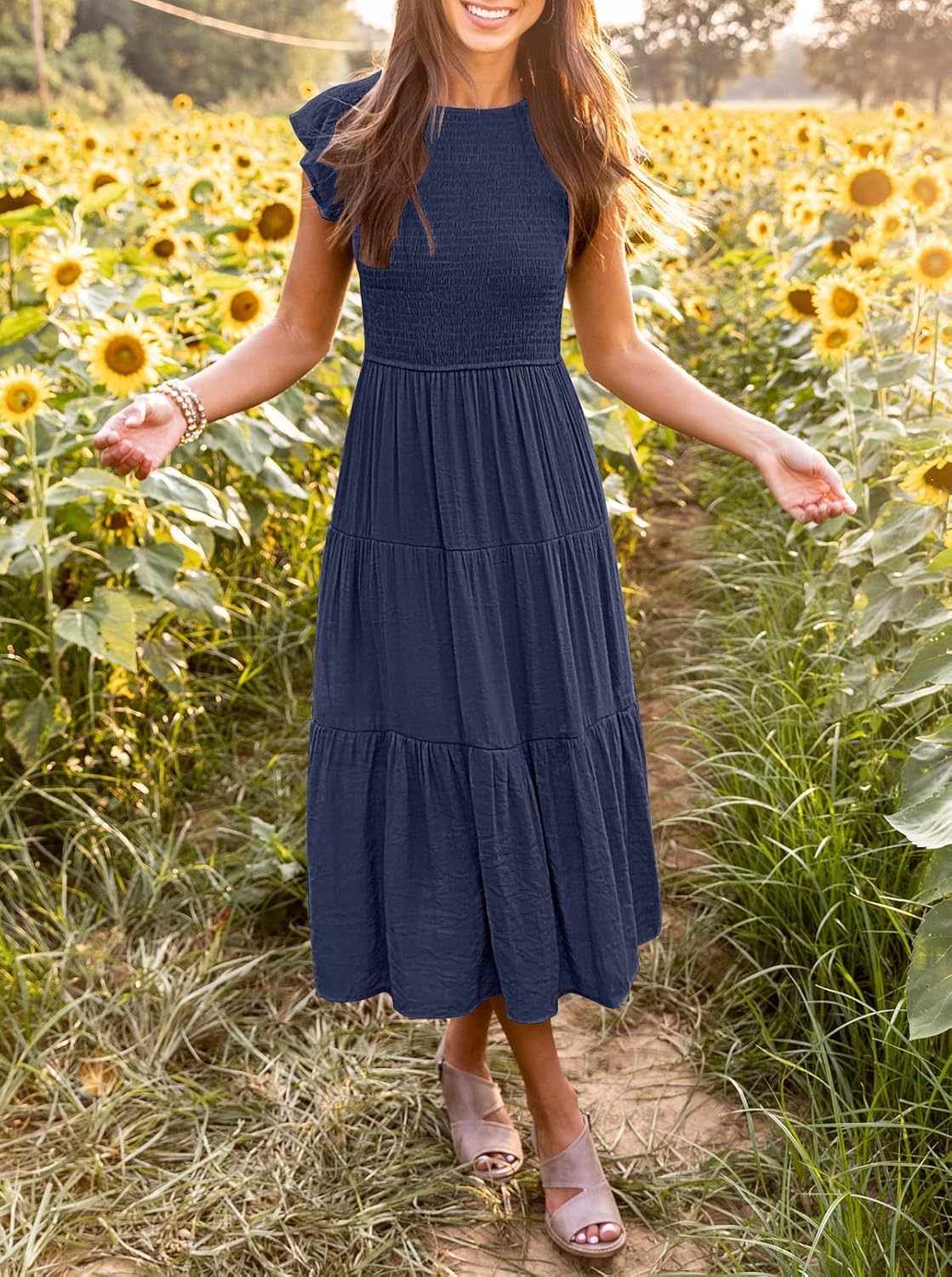 Robe Midi Femme en tissu léger, à volants, coupe fluide – Menvelo