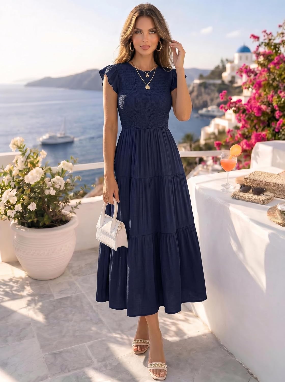 Robe Midi Femme en stretch, à volants, coupe fluide – Menvelo
