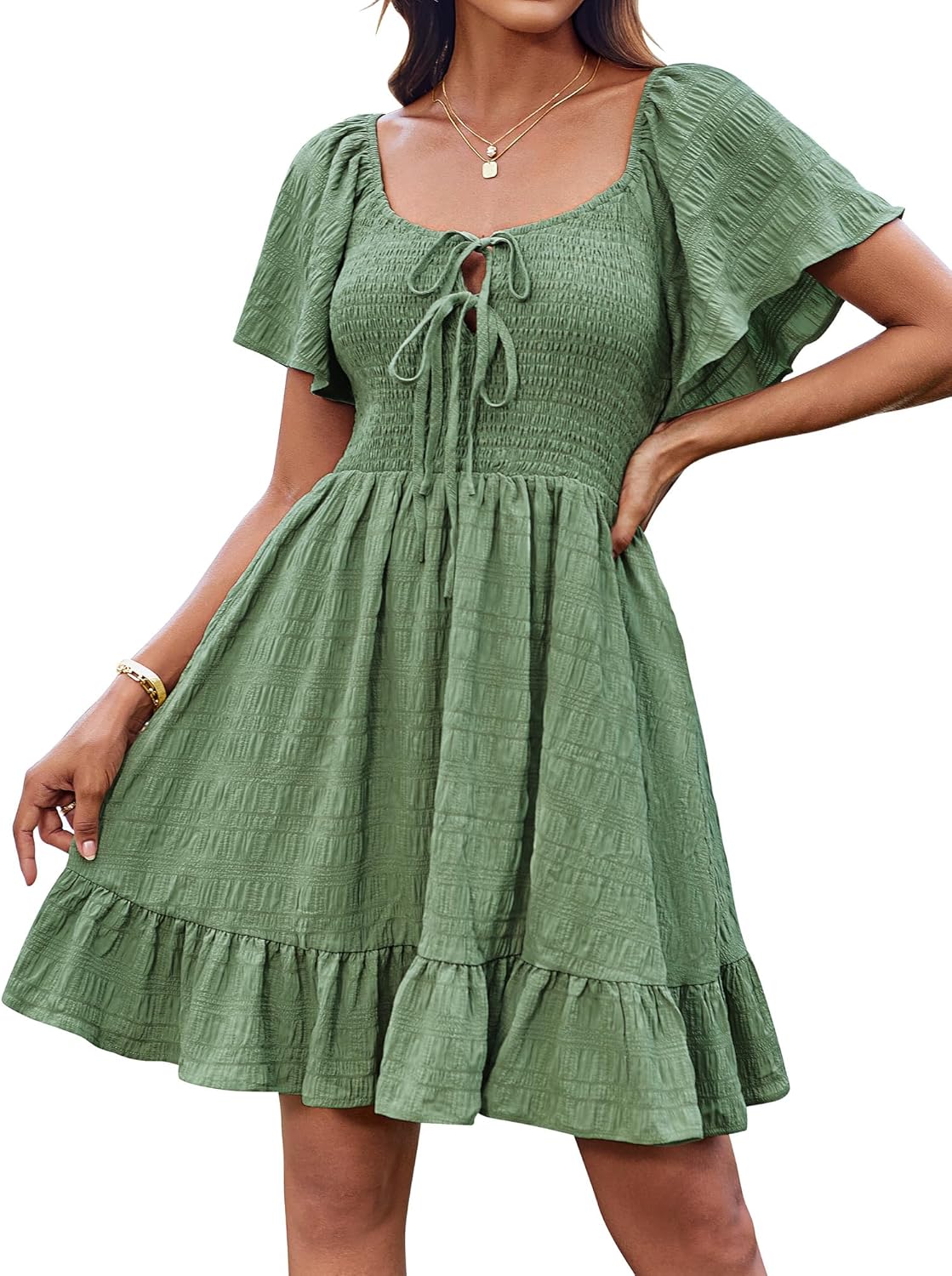 Léa Robe Mini Volants – Robe Été Épaules Dénudées Col Noué Élégante Femme