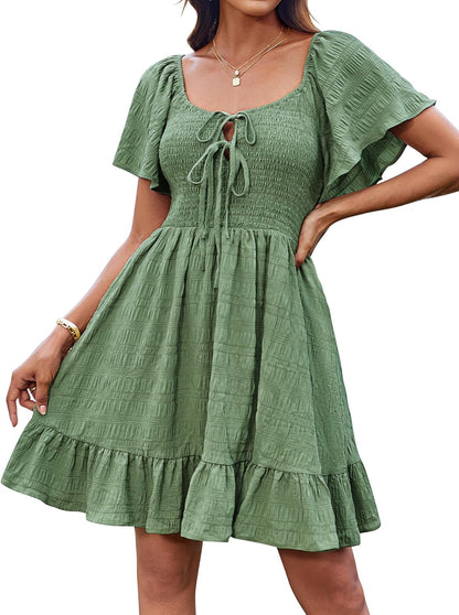 Léa Robe Mini Volants – Robe Été Épaules Dénudées Col Noué Élégante Femme
