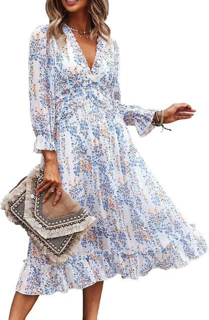 Robe Midi Femme en tissu léger, col V, coupe fluide – Menvelo