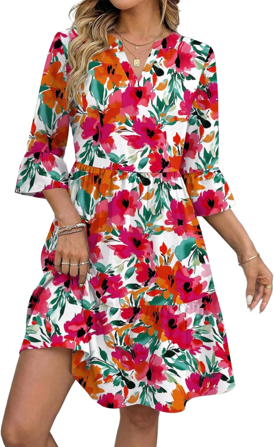 Élodie Robe Femme à Col V – Robe Midi Évasée à Volants avec Poches