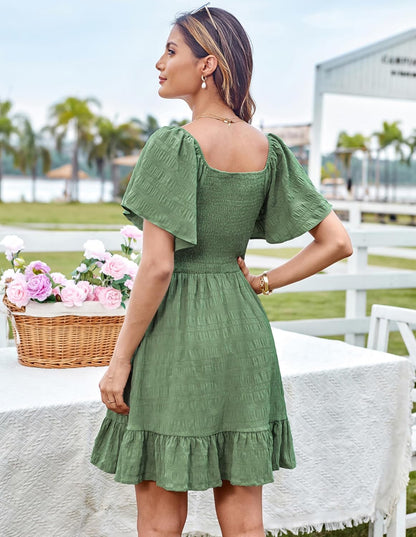 Léa Robe Mini Volants – Robe Été Épaules Dénudées Col Noué Élégante Femme