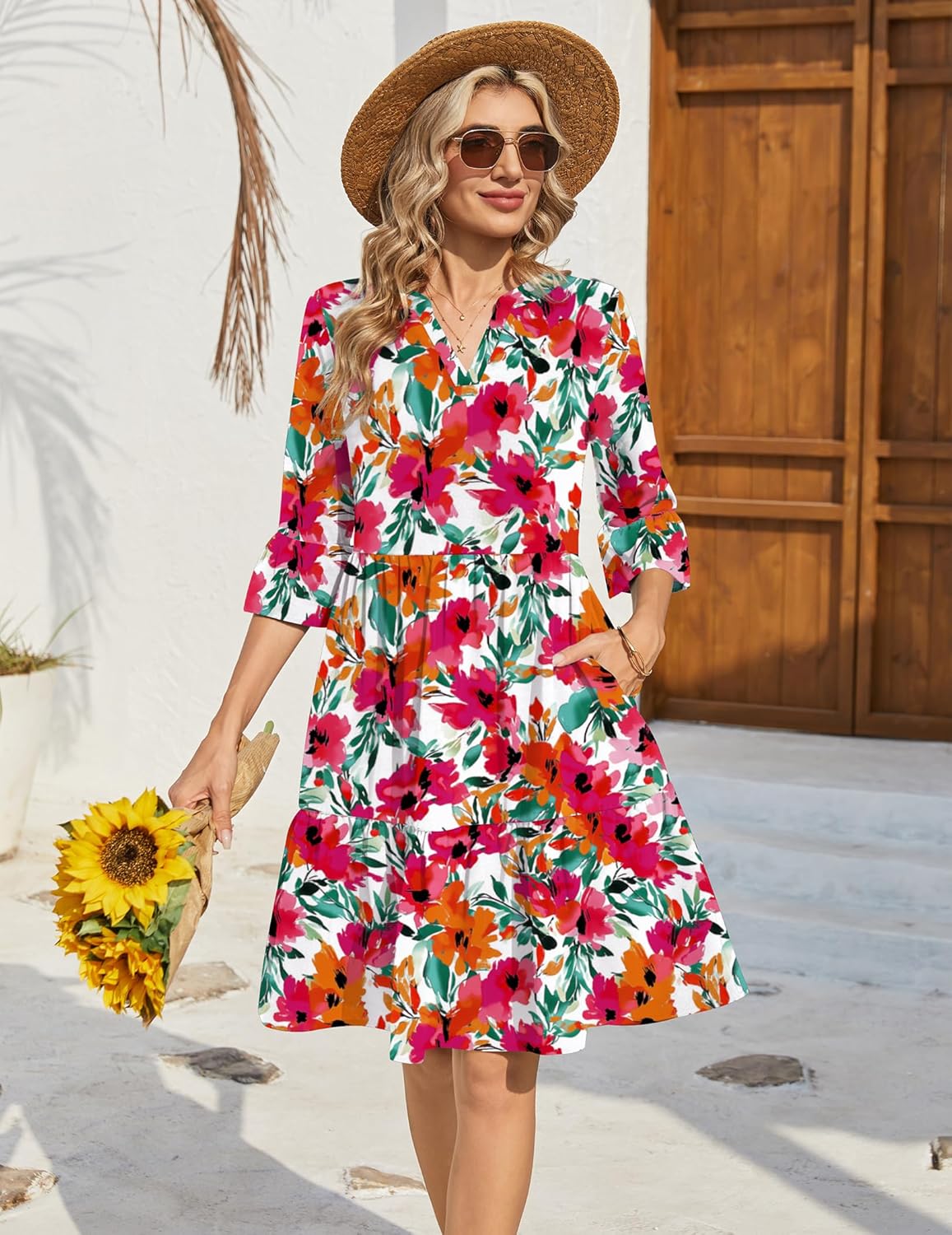 Élodie Robe Femme à Col V – Robe Midi Évasée à Volants avec Poches