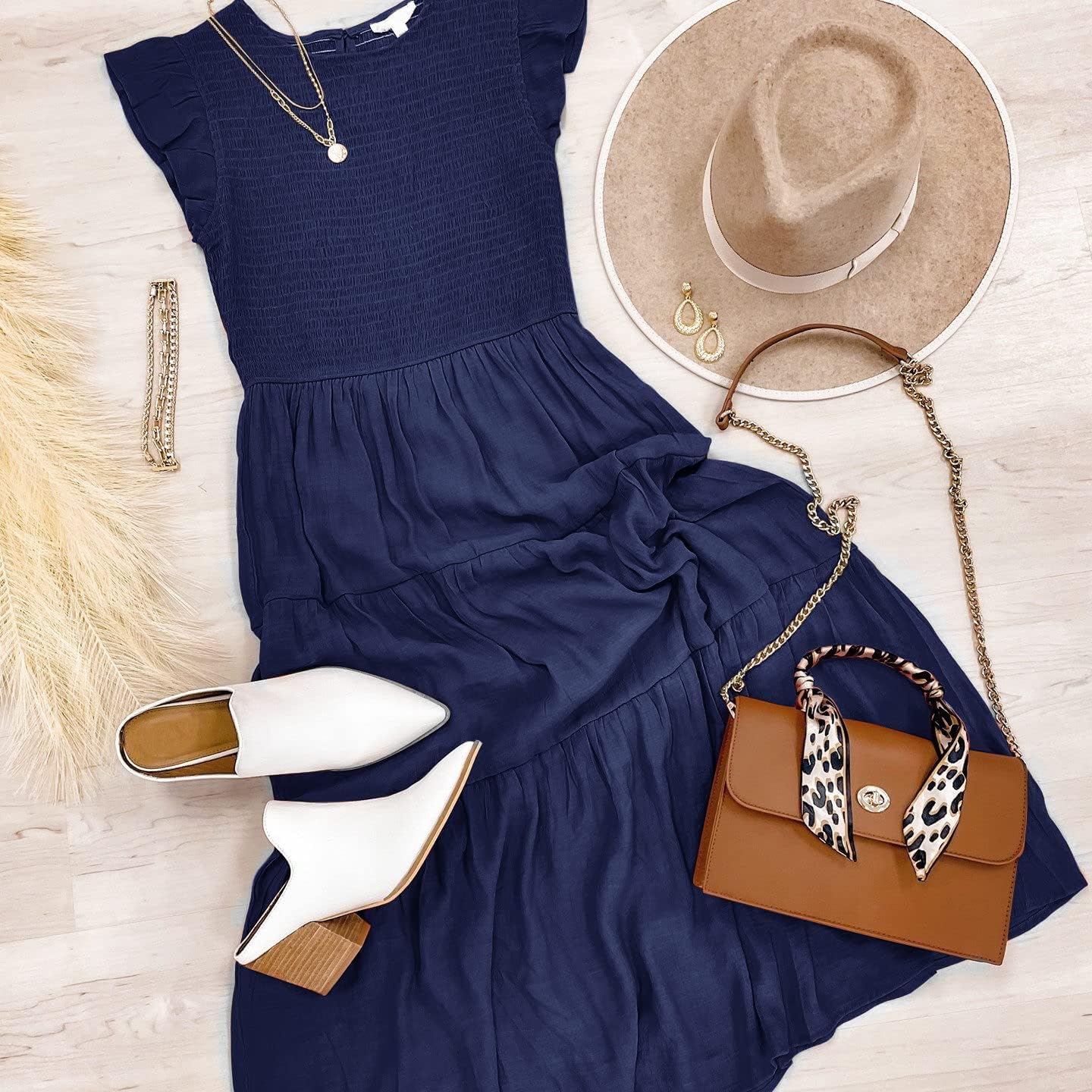 Robe Midi Femme en tissu léger, à volants, coupe fluide – Menvelo