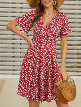 Menvelo Robe Midi Femme Col V Fleurie