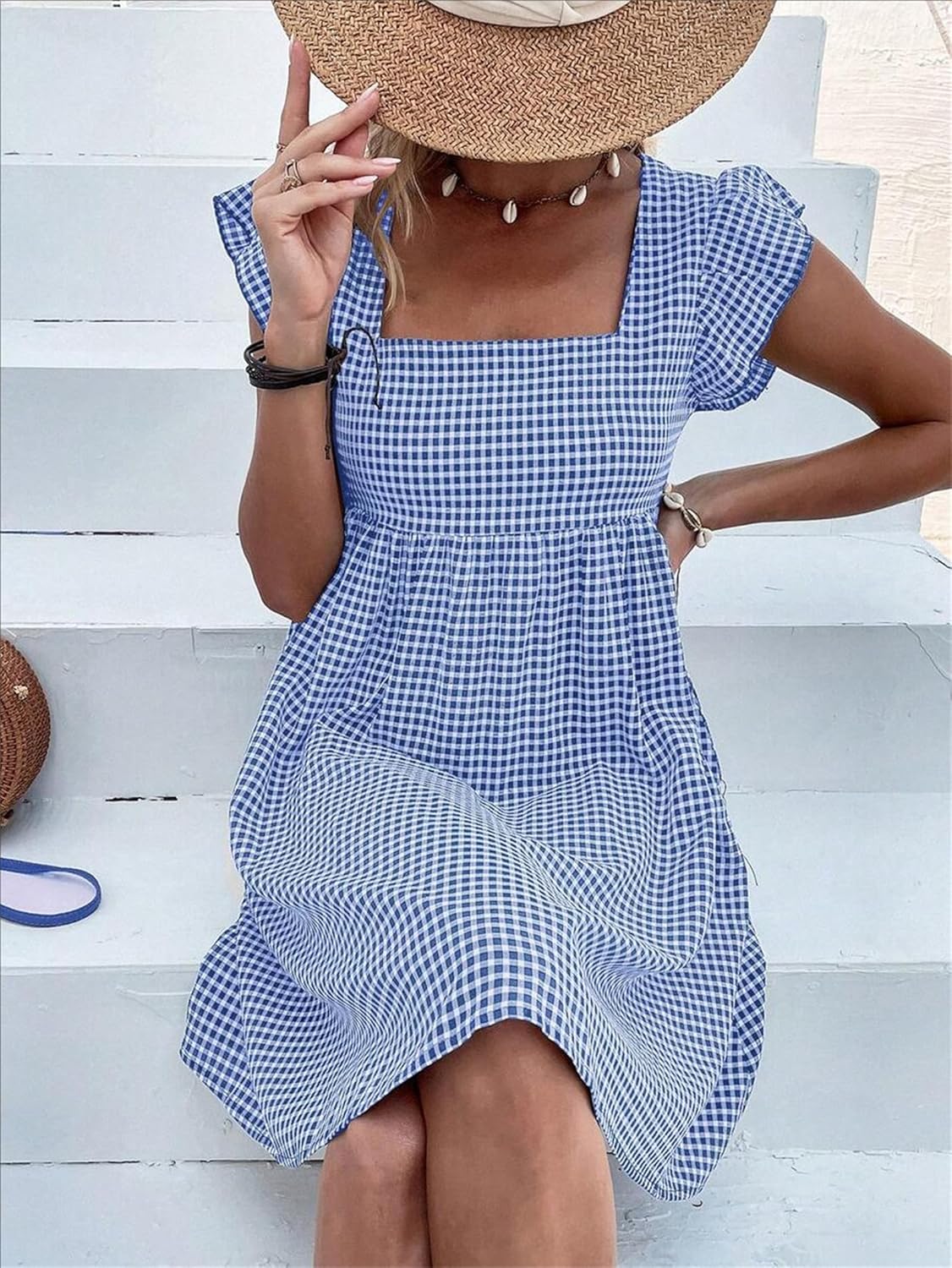 Lily Robe Femme – Robe Midi Carreaux Col Carré Smockée Volants A-Line Été