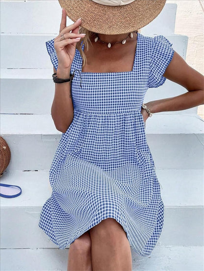 Lily Robe Femme – Robe Midi Carreaux Col Carré Smockée Volants A-Line Été
