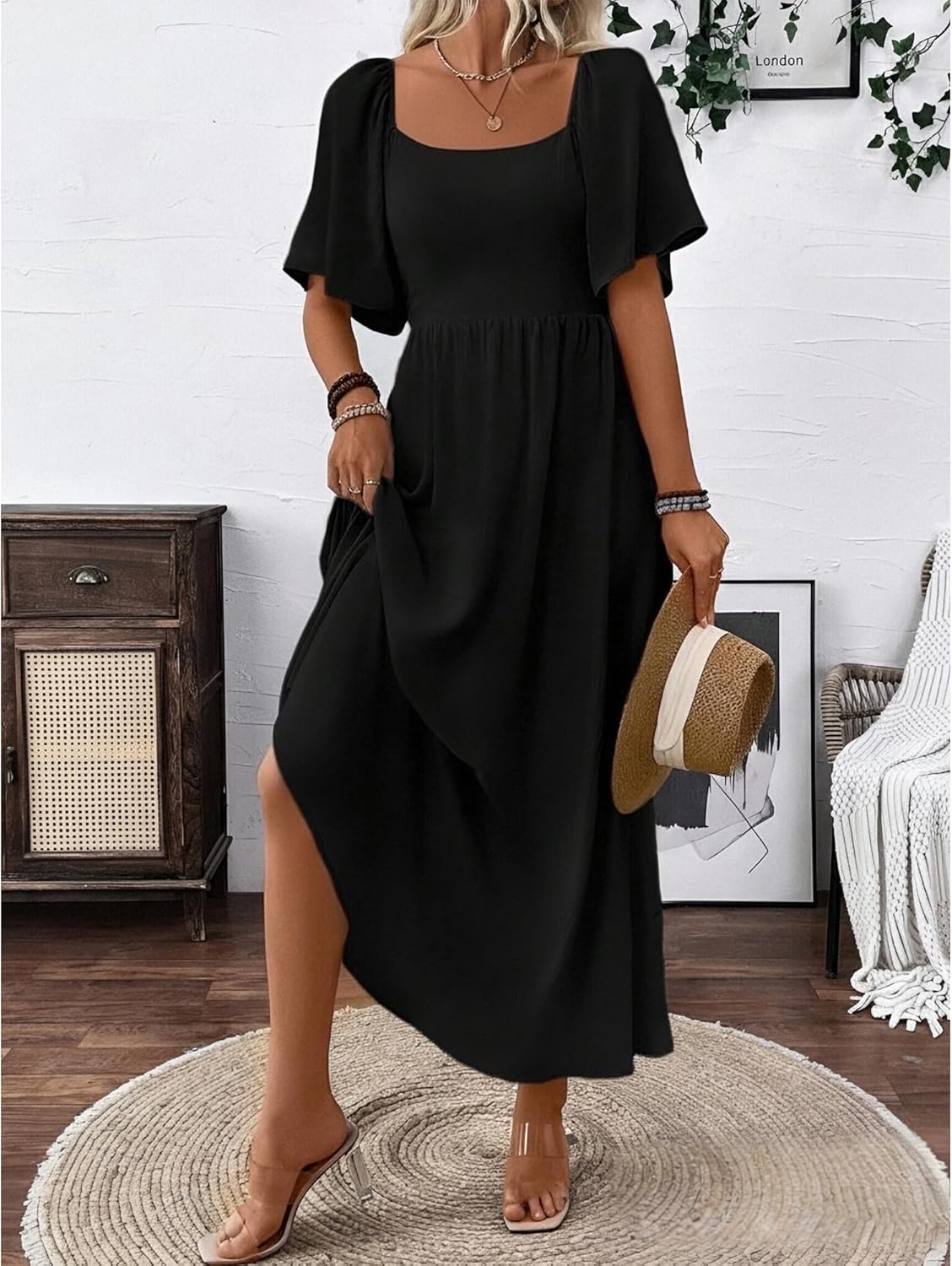 Patricia Robe Femme Maxi – Col Carré, Coupe A-Line Fluide, Manches Chauve-Souris Été
