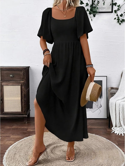 Patricia Robe Femme Maxi – Col Carré, Coupe A-Line Fluide, Manches Chauve-Souris Été