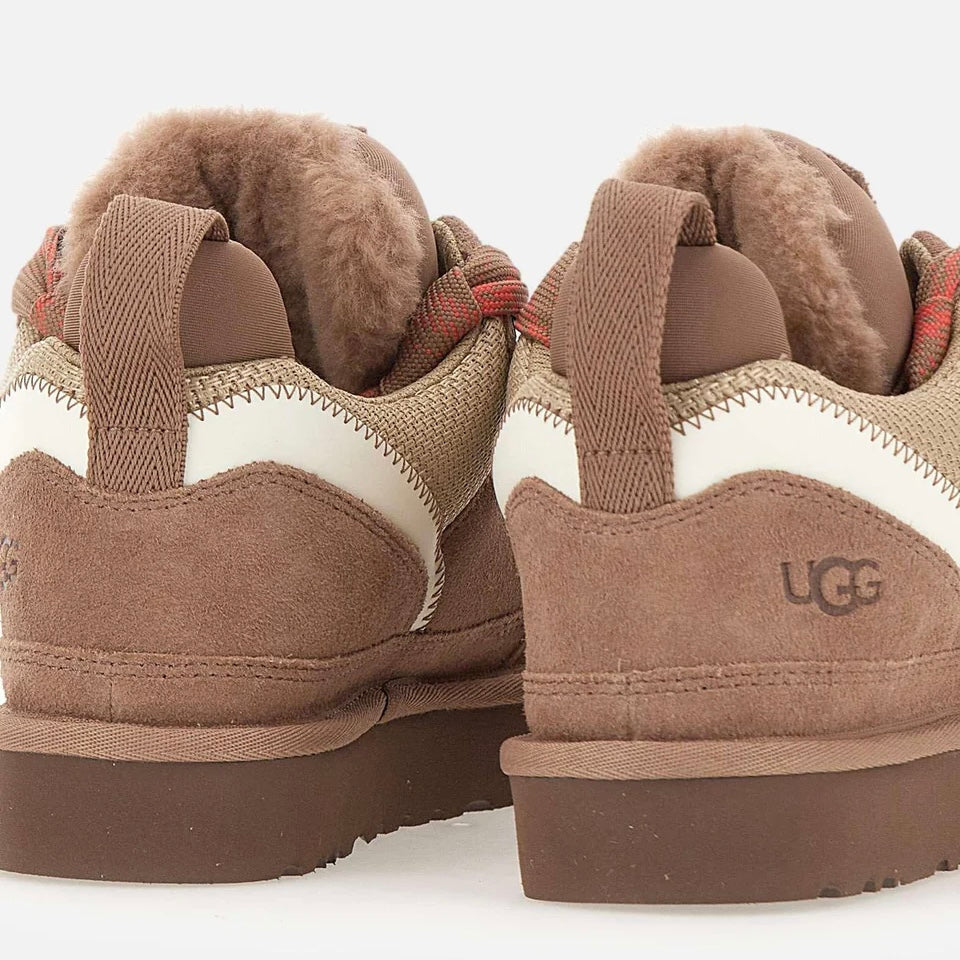 UGG Lowmel Rocky Oak baskets femme en daim et textile recyclé marron chêne, détail tige