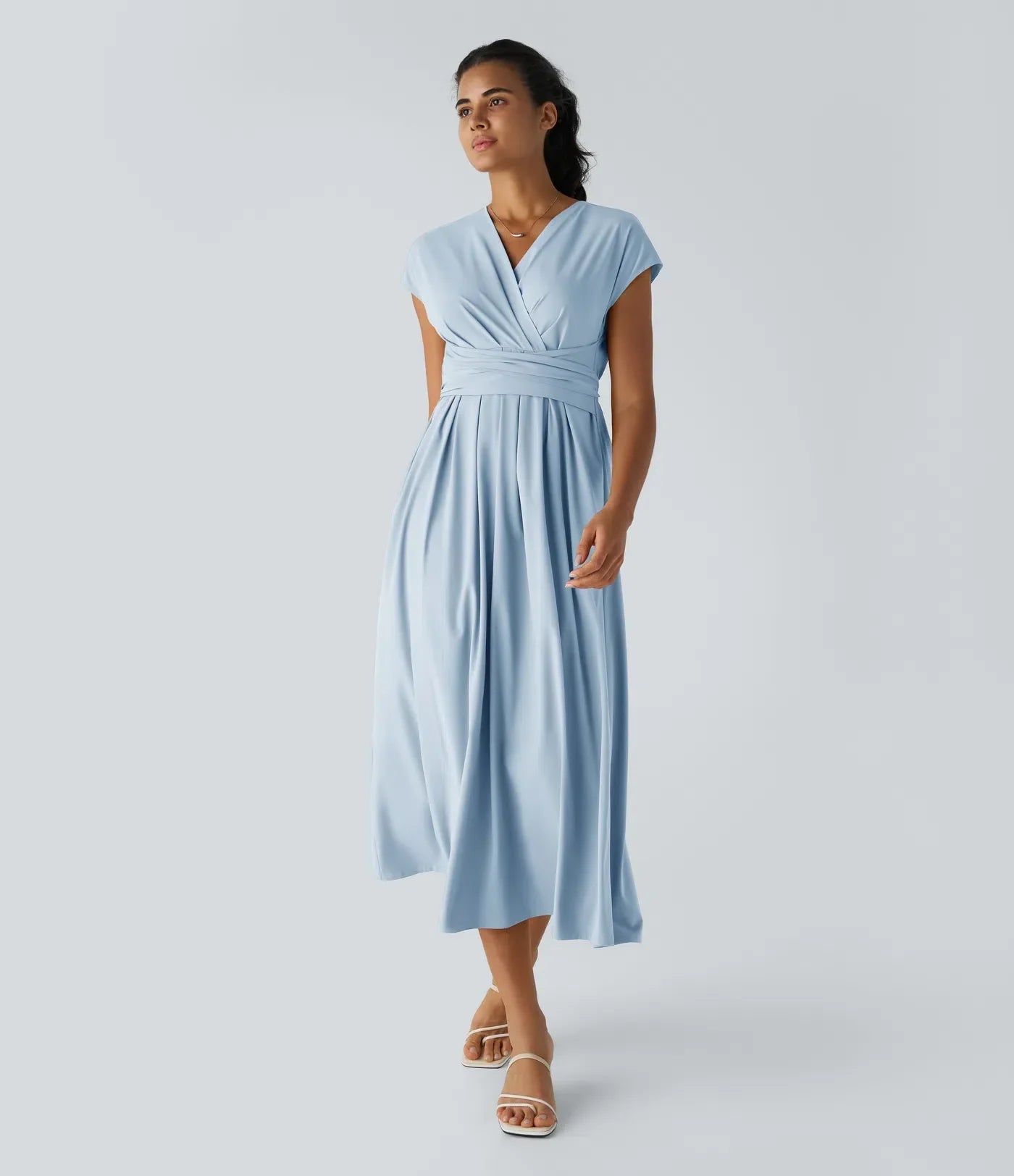 Robe Midi Légère à Col V pour Femme – Taille Élastique Coupe Évasée