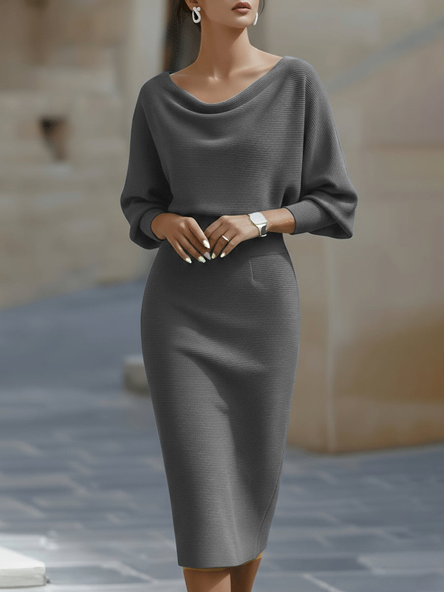 Robe Midi en Maille pour Femme – Manches Chauve-Souris Coupe Ajustée
