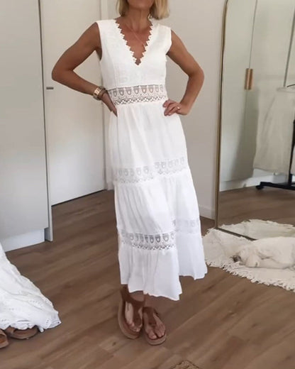 Robe longue en dentelle femme – robe ajustée col V