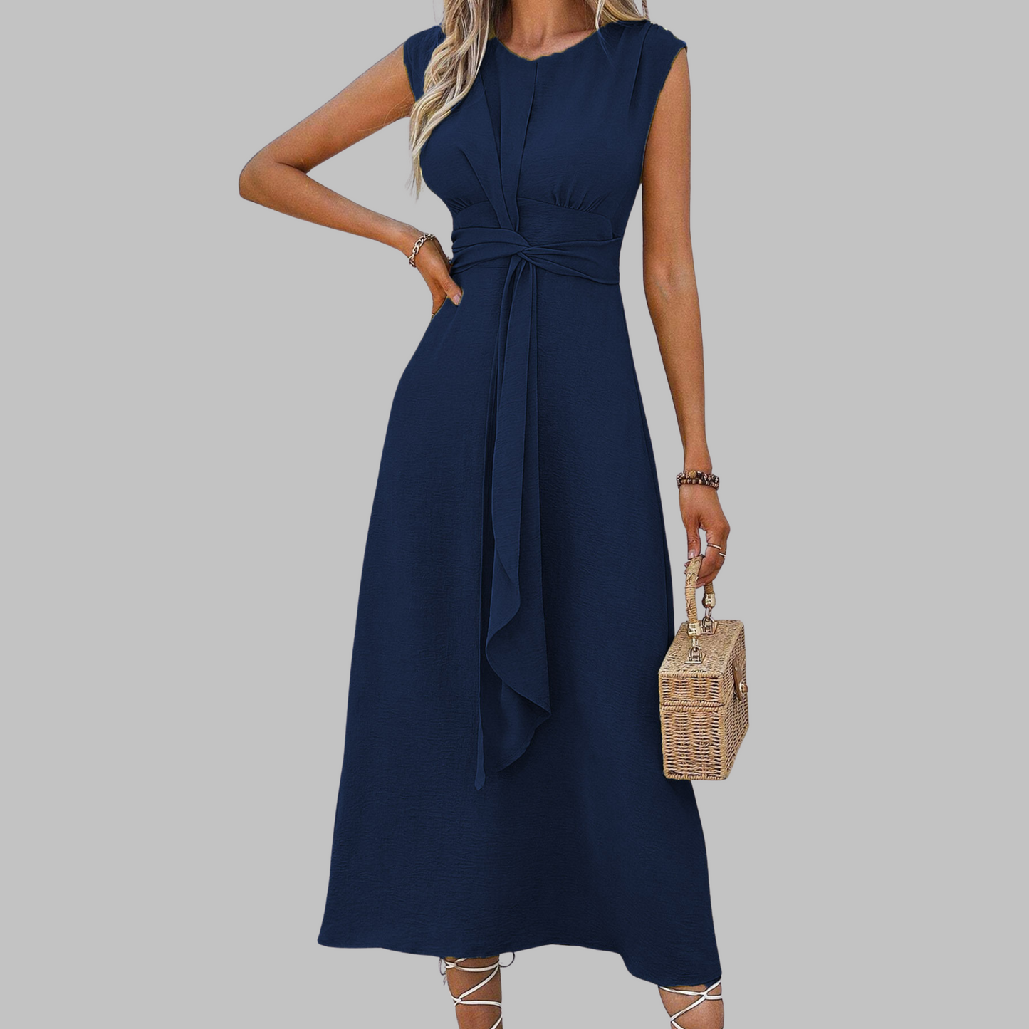 Robe Femme Mi-Longue Sans Manches – Col Rond et Ceinture Nouée