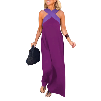 Robe Longue Femme – Encolure Halter Croisée et Silhouette Fluide