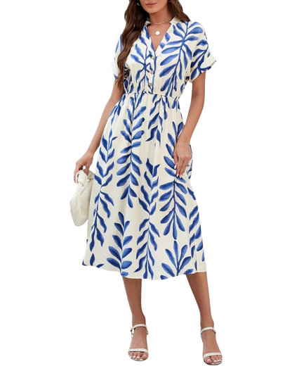 Robe Midi Femme en tissu léger, col V, coupe fluide – Menvelo