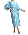 Robe Femme Midi Satinée – Manches Chauve-Souris & Drapé Bijou à la Taille