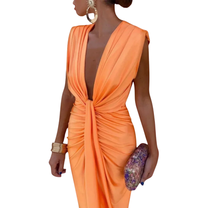 Robe Midi Femme Col V Froncée – Détail Nœud Drapé