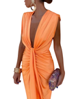 Robe Midi Femme Col V Froncée – Détail Nœud Drapé