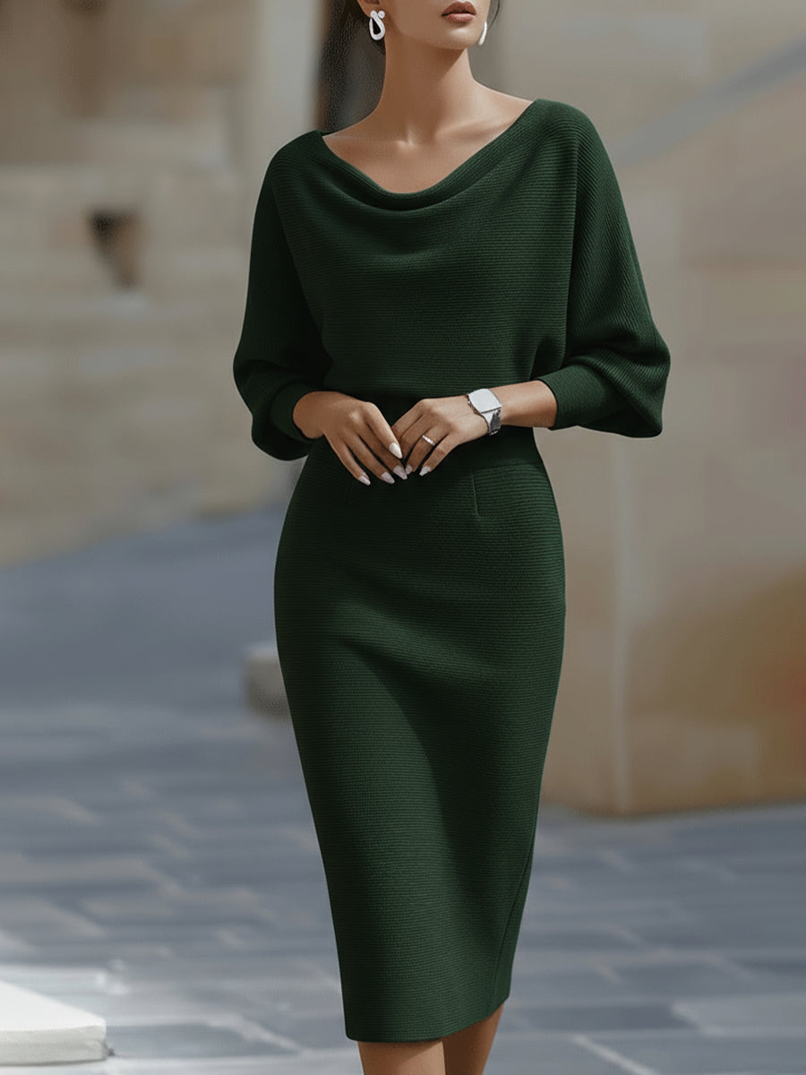 Robe Midi en Maille pour Femme – Manches Chauve-Souris Coupe Ajustée
