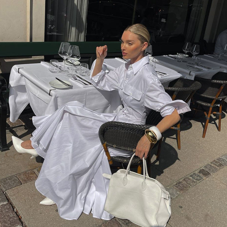 Robe Chemise Maxi Coton Blanc Femme – Manches Longues Coupe Évasée Plissée
