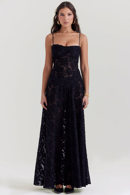 Robe longue à fines bretelles femme – coupe ajustée ourlet évasé