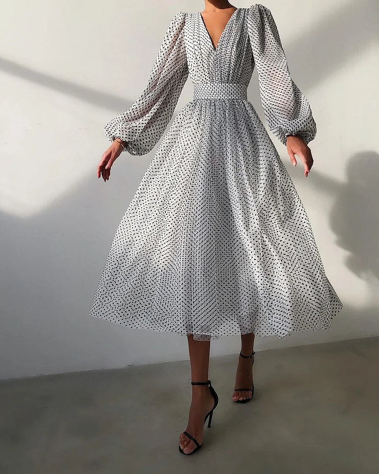 Robe Femme Portefeuille Midi à Pois – Manches Bouffantes et Col en V