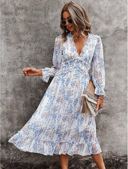 Robe Midi Femme en tissu léger, col V, coupe fluide – Menvelo