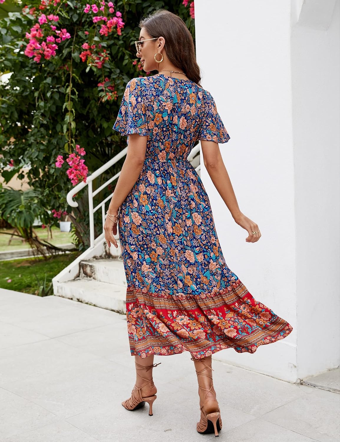 Robe Midi Femme en tissu léger, col V, coupe confortable – Menvelo