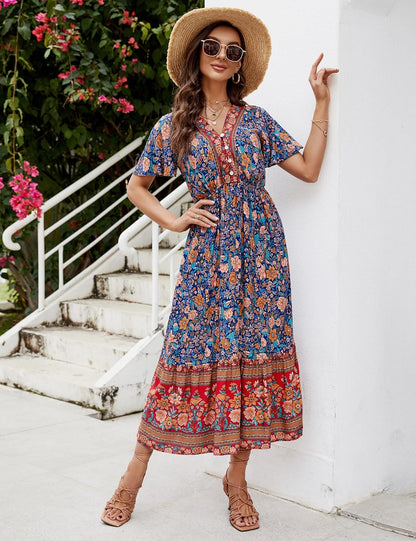 Robe Midi Femme en tissu léger, col V, coupe confortable – Menvelo