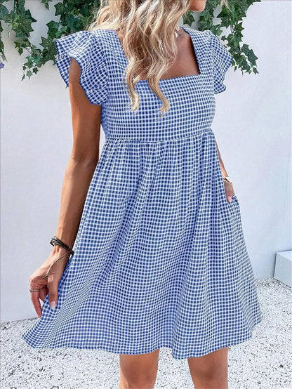 Lily Robe Femme – Robe Midi Carreaux Col Carré Smockée Volants A-Line Été