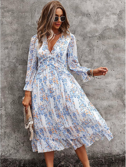 Robe Midi Femme en tissu léger, col V, coupe fluide – Menvelo