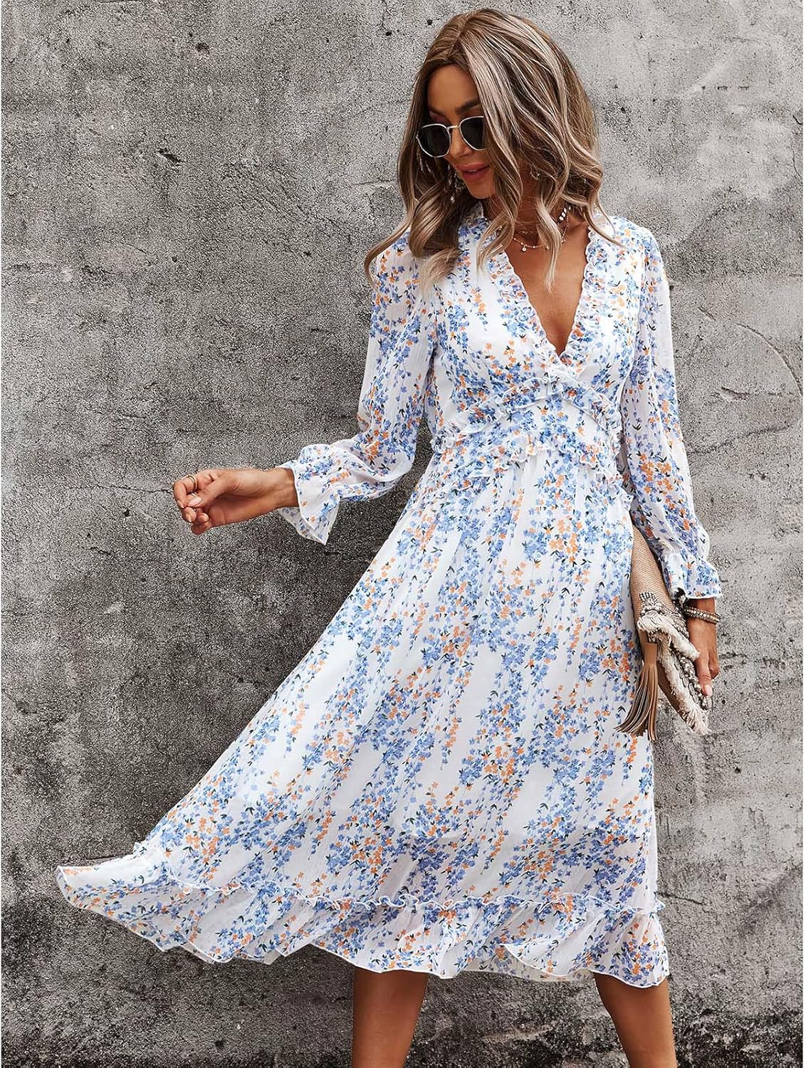 Robe Midi Femme en tissu léger, col V, coupe fluide – Menvelo