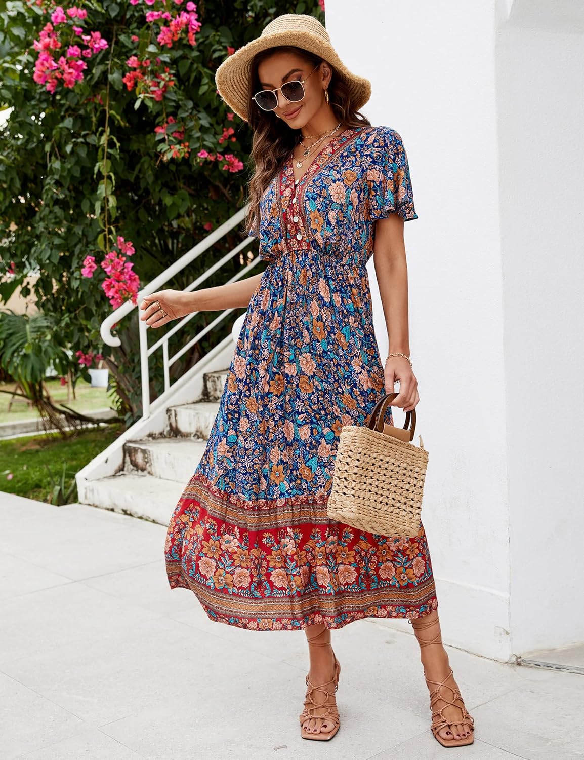 Robe Midi Femme en tissu léger, col V, coupe confortable – Menvelo
