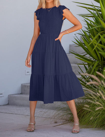 Robe Midi Femme en tissu léger, à volants, coupe fluide – Menvelo