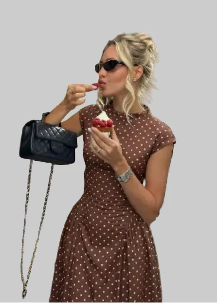 Robe Longue Femme à Pois – Col Haut Manches Courtes Coupe A-Line