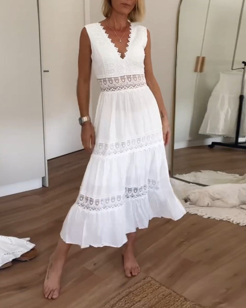 Robe longue en dentelle femme – robe ajustée col V