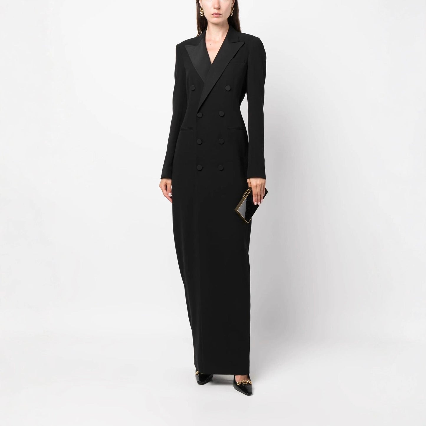 Robe Longue Femme Style Blazer – Col Cranté Croisé Coupe Colonne