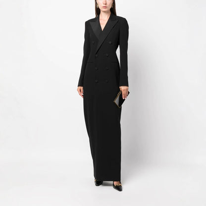 Robe Longue Femme Style Blazer – Col Cranté Croisé Coupe Colonne