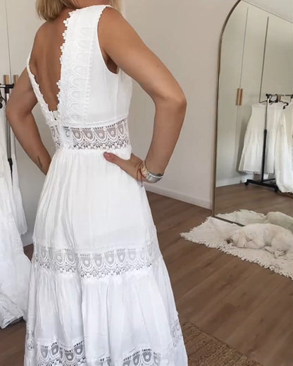 Robe Midi Bohème Blanche Femme en Dentelle – Col V Sans Manches