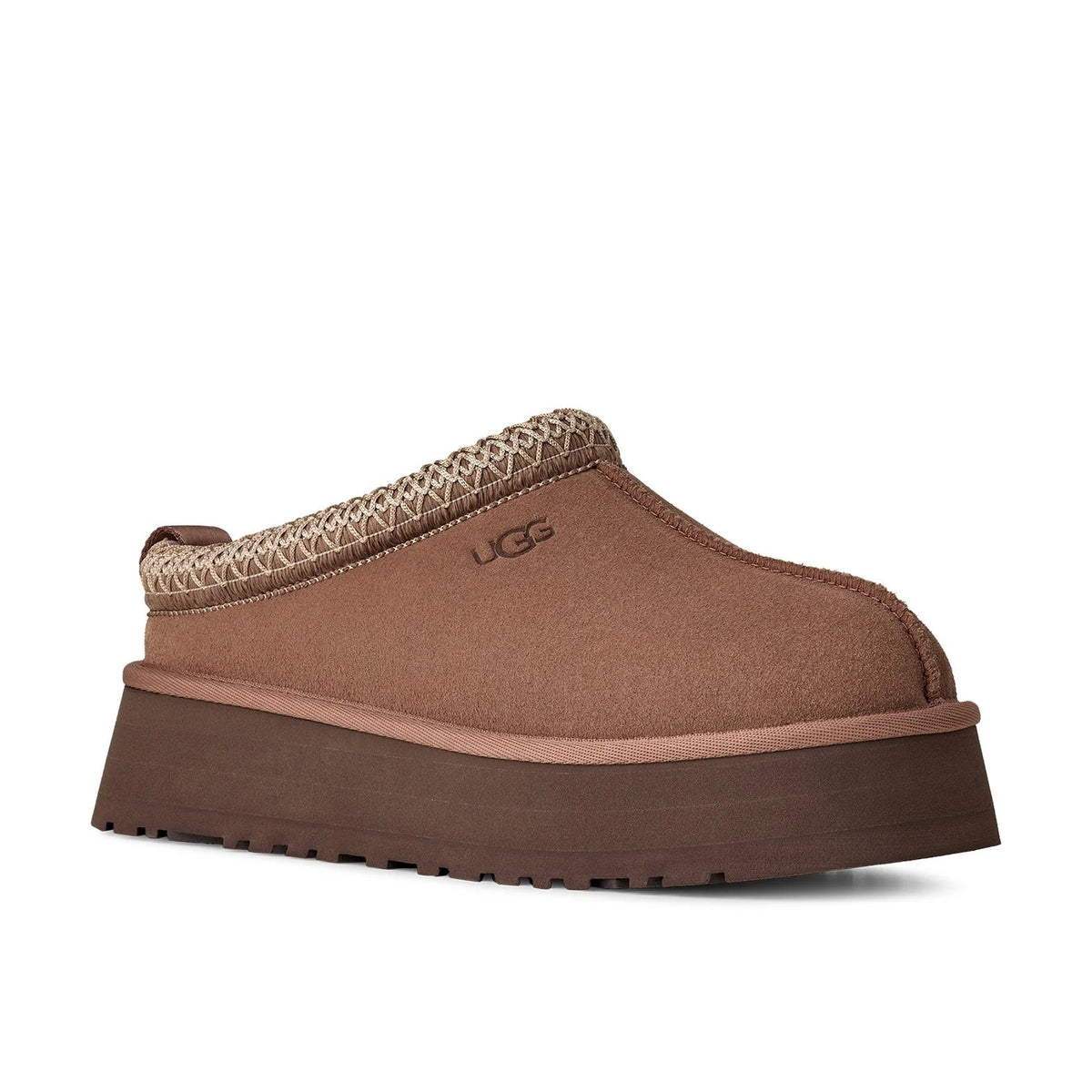UGG Tazz II Rocky Oak chaussons à plateforme femme en daim et peau de mouton marron chêne, vue de face